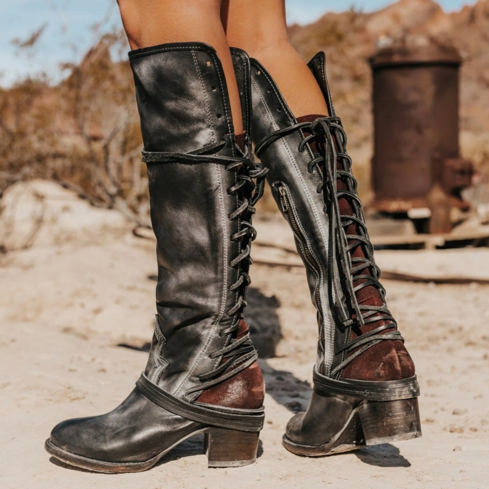 Freebird by Steven Black Leather and Brown Suede Lace-Up Knee Boots